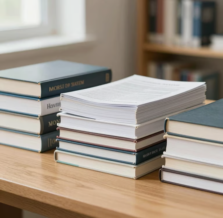 Academic journals and books arranged on a library desk