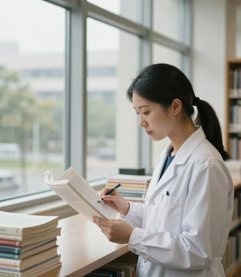A focused researcher reviewing printed academic journals by a large library window, soft natural daylight, shallow depth of field, 35mm lens