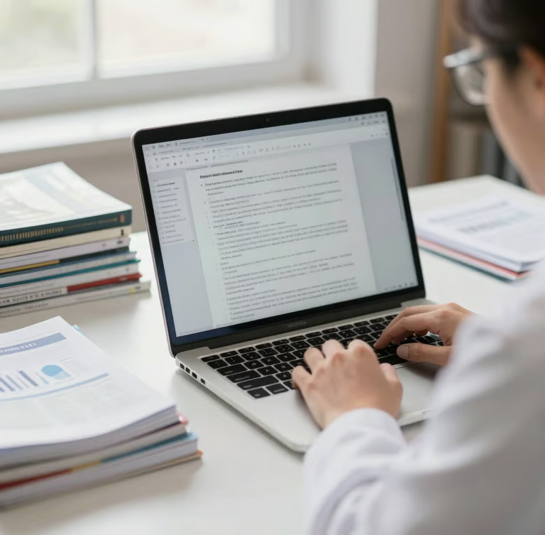 Medium close-up of a researcher's organized desk, a laptop showing a structured scientific manuscript layout, stacked academic journals, bright natural library daylight, shallow depth of field, 35mm lens