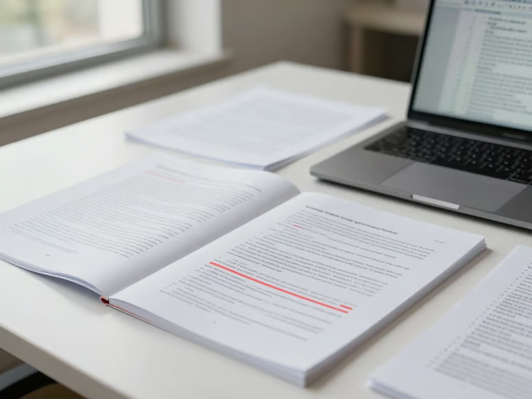 Overhead shot of an organized academic desk, printed manuscript pages with red annotations, a laptop showing a LaTeX document, soft window light, shallow depth of field